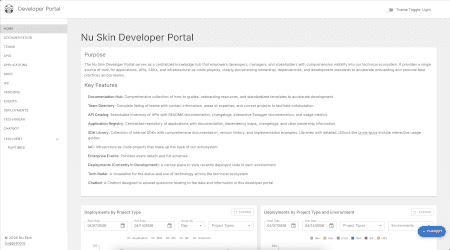 Developer portal home page showing internal engineering resources and navigation